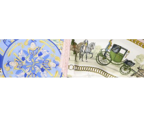   Two Hermes silk scarves - 'La Promenade de Longchamp' designed by Philippe Ledoux, first issued in 1965, with slip case, th