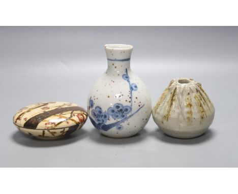   Two Japanese ceramic water droppers and a stoneware box and cover, in the style of Ogata Kenzan, old collection label, tall