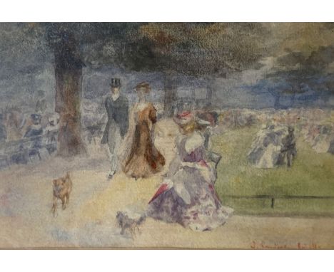   John Sanderson Wells (1872-1950), watercolour, Figures in a park,  signed, 15 x 22cm.