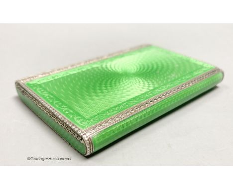   A 1920's continental silver and green guilloche enamel rectangular box and hinged cover, import marks for Cohen &amp; Charl