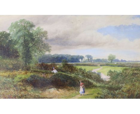   George Shalders (1826-1873), watercolour, landscape with figures picking blackberries, unsigned, 20 x 32cm.