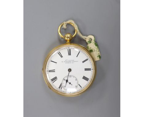   A Victorian engine turned 18ct gold open faced keywind pocket watch, by Vivier, London,case diameter 45mm, gross weight 83.