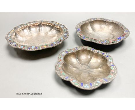   Three Persian white metal and cloisonne enamel small dishes, largest 9.6cm, gross weight 89 grams.