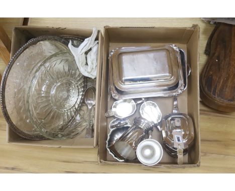   A pair of oblong silver plate entree dishes and covers, 2 other dishes, 2 part tea service and plated items