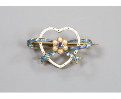   An Edwardian yellow metal, enamel, gem and seed pearl cluster set heart shaped brooch, 27mm, gross 4.3 grams.