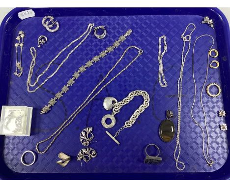 A Collection of "925" Jewellery, to include T-bar bracelet with heart charm, line set hoop earrings, gilt tone stone set ring