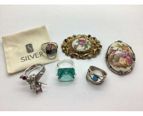 Modern "925" and Other Dress Rings, Limoges ceramic panel brooch, etc.