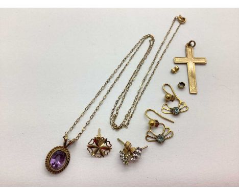A 9ct Gold Cross Pendant, a 9ct gold stone set pendant suspended on a dainty fine link chain stamped "9ct", stone set earring