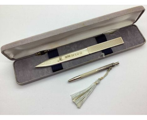 A Hallmarked Silver Letter Opener, WM, Birmingham 1992, part engine turned, initialled 'M', Together with A Small Ballpoint P