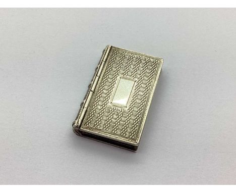 A Victorian Hallmarked Silver Vinaigrette, in the form of a book, Taylor &amp; Perry, Birmingham 1832, with internal gilt fol