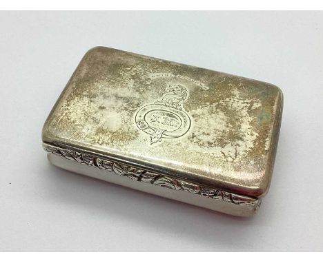 An Antique Hallmarked Scottish Silver Snuff Box, Richard Haxton, Edinburgh 1822, scroll decoration to hinged lid, crest engra
