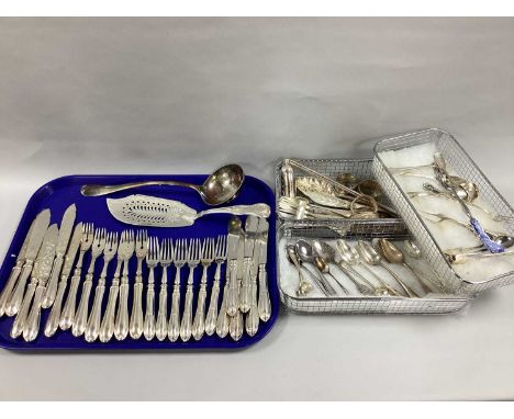 Decorative Plated Fish Knives and Forks, pierced fish serving knife, Old English Pattern Ladle, assorted teaspoons, Royal com