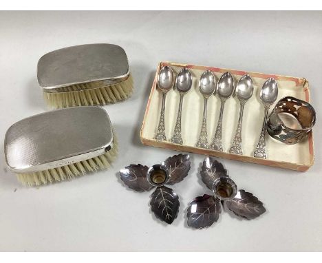 A Pair of Hallmarked Silver Backed Brushes, (marks rubbed) engine turned decoration, a pair of Danish leaf form candle holder