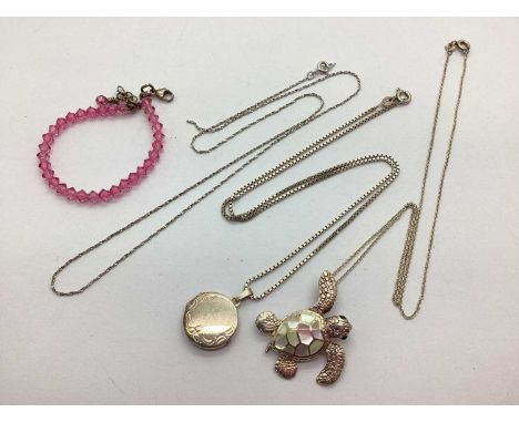 Modern Shell Inset Turtle Pendant, stamped "925", on a fine chain, a circular locket pendant, faceted bead bracelet etc.