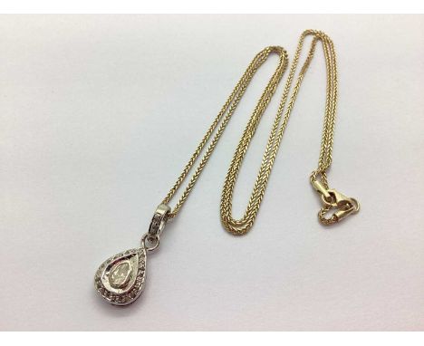 A Modern Polki Diamond Pear Shape Pendant, indistinctly stamped "925", on a rose colour fancy link chain, stamped "925".