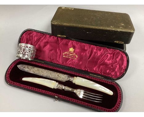 A Decorative Matched Hallmarked Silver and Mother of Pearl Serving Knife and Fork, HA, Sheffield 1896, 1897, with leaf scroll