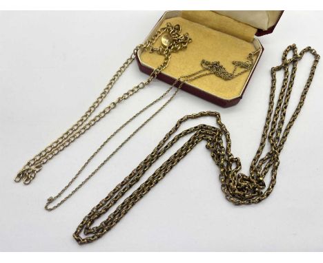 A Dainty Fine Link Chain, to snap clasp stamped "9ct", together with a gilt coloured faceted belcher link muff chain, a furth