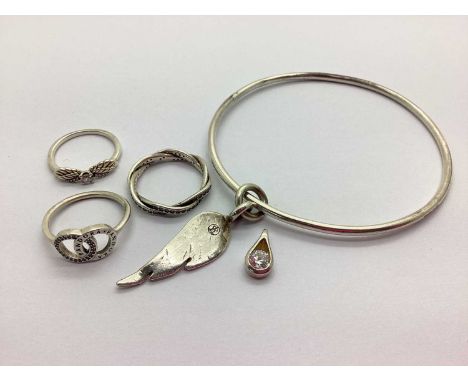 Pandora; Three Modern Dress Rings, stamped "S925 ALE" (finger sizes 54 and 56); together with a modern hallmarked silver bang