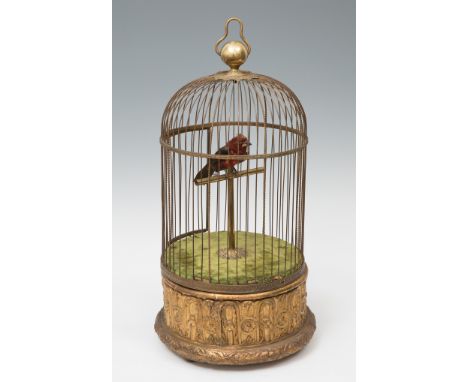 Cage with automaton bird, second half of the 19th century.Brass, bronze and stuccoed and gilded wood.Needs to be overhauled. 