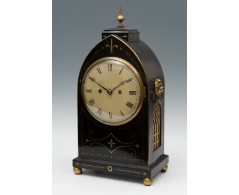 Edwardian Bracket Clock; late 19th century.Ebonised wood. Gilt bronze appliques.Eight-day movement.Measurements: 51 x 25 x 16