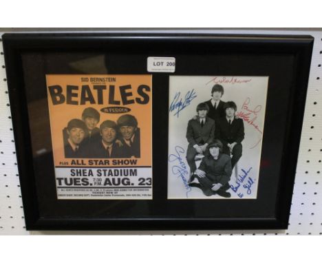 Framed possibly re-print of the Beatles, dedicated to Gill with best wishes and a showtime leaflet