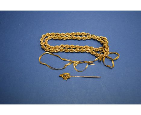 A 9ct gold rope twist necklace; together with a 9k gold flat necklet; and an unmarked horseshoe and pearl stickpin,10.5g.