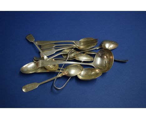 A George III silver Hanoverian pattern sauce ladle, and various other items of silver cutlery, 348g.