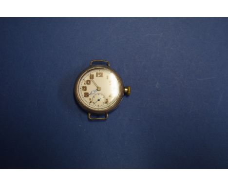 A silver trench style wristwatch, having unsigned 3cm white enamel dial decorated Arabic numerals and subsidiary seconds dial