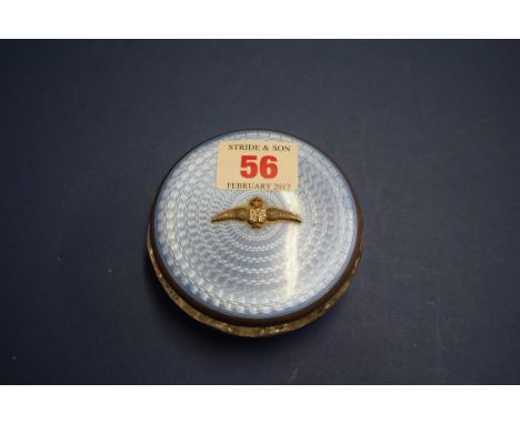 Of RAF interest; a silver and blue gulch enamel circular jar lid decorated RAF badge to centre, by Gieves Ltd, Birmingham 193