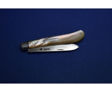 A Victorian silver bladed mother of pearl fruit knife, by L B, Sheffield 1893, 14.5cm open.