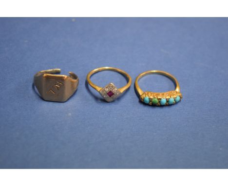 A pave set ruby and diamond gold ring; together with a gold ring set five turquoise and diamond chips; and a gentleman's gold