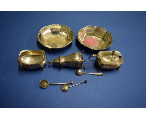 A pair of Edwardian silver bonbon bowls, by Adie Brothers Ltd, Birmingham 1909, 9cm, 74g; together with a silver three piece 