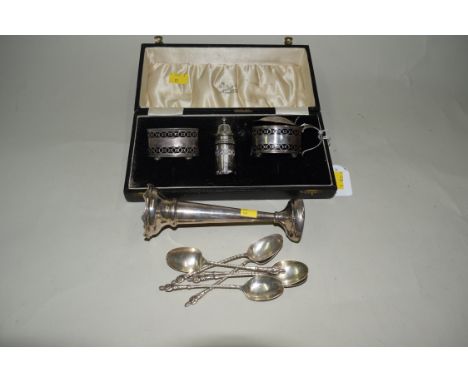 A cased silver three piece condiment set, by Deakin & Francis, Birmingham; together with a set of six silver apostle coffee s