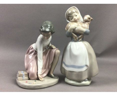 NAO FIGURE OF GIRL PLAYING MARBLES,16.5cm high, along with a Nao figure of a girl with goat (2)