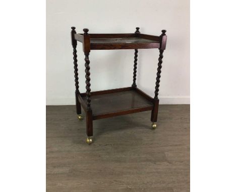 OAK TWO TIER TEA TROLLEY,along with a nest of tables, sofa type coffee table and an oak plant pedestal (4)