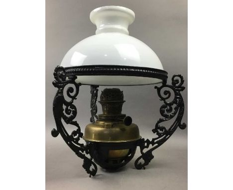 VICTORIAN CEILING OIL LAMP WITH OPAQUE GLASS SHADE,along with an iron pan (2)