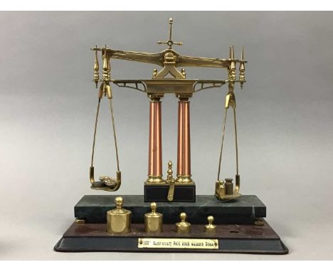 SET OF REPRODUCTION BRASS SCALES, along with brass weights, copper bugle and other metal ware