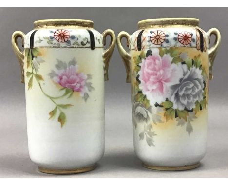 PAIR OF NORITAKE DOUBLE HANDLED VASES,decorated with flowerheads, 14.5cm high, along with a frosted glass ceiling light shade