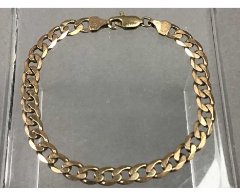 NINE CARAT GOLD BRACELET,formed with a row of flat curb links, along with a gold signet ring, wedding ring and neckchain, als