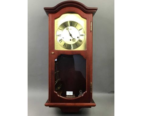 MODERN WALL CLOCK,in mahogany case, along with a small jewel chest with inset timepiece (2)