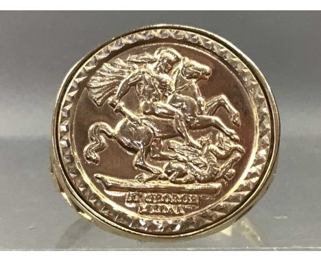 GOLD SIGNET RING, with a St George panel, along with a nine carat gold wedding ring (2)