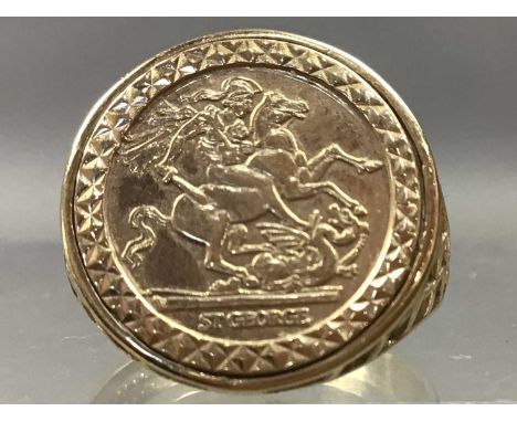 NINE CARAT GOLD SIGNET RING,set with a St George coin, along with a gent's wrist watch (2)