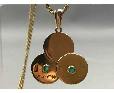 NINE CARAT GOLD AND GREEN GEM SET PENDANT,on a nine carat gold chain, along with a chain stamped 9kt, an eighteen carat gold 
