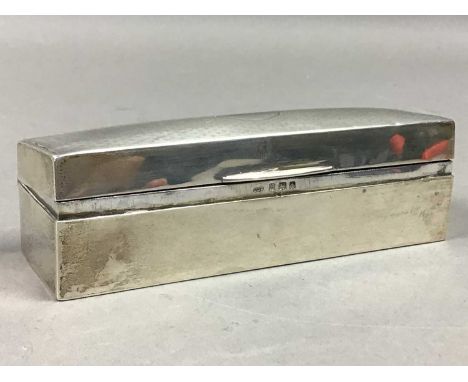 SILVER RECTANGULAR CASKET, 13cm wide, along with a lorgnette, a silver and enamel viking brooch, a silver cross formed brooch
