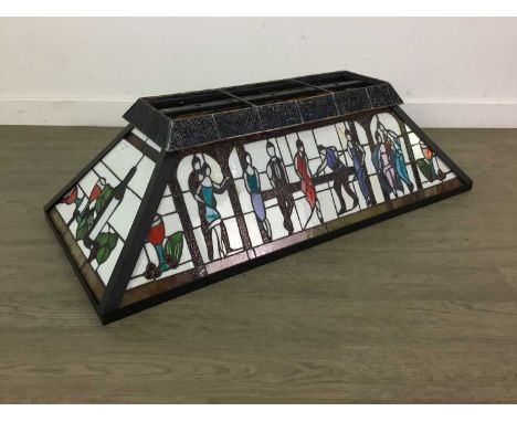 LARGE TIFFANY STYLE BAR CEILING LIGHT FIXTURE,the leaded and stained panels featuring wine bottle, glass of wine and figures 