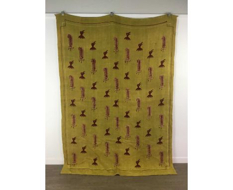 EMBROIDERED TEXTILE PANEL,featuring design of stylised birds and feathers on a mustard ground, 168 x 228cm overallThe fabric 