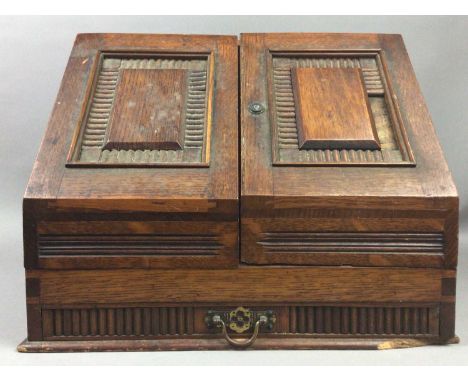 LATE VICTORIAN OAK STATIONERY BOX,with fitted interior, 39cm wide, along with a Smiths oak cased mantel clock (2)