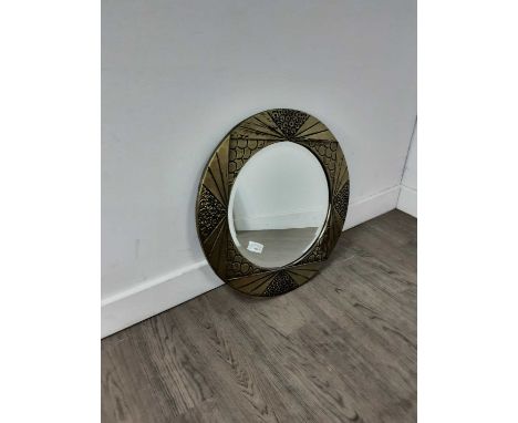 CIRCULAR BEVELLED WALL MIRROR,in embossed brass frame of Art Deco design, along with an upright dressing mirror and a vintage