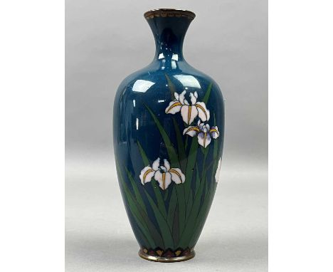 CLOISONNE ENAMEL VASE,decorated with birds and flowers, on a blue ground, 18cm high