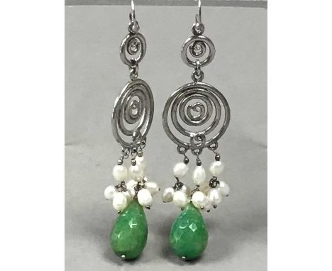 PAIR OF EMERALD AND PEARL EARRINGS,in silver